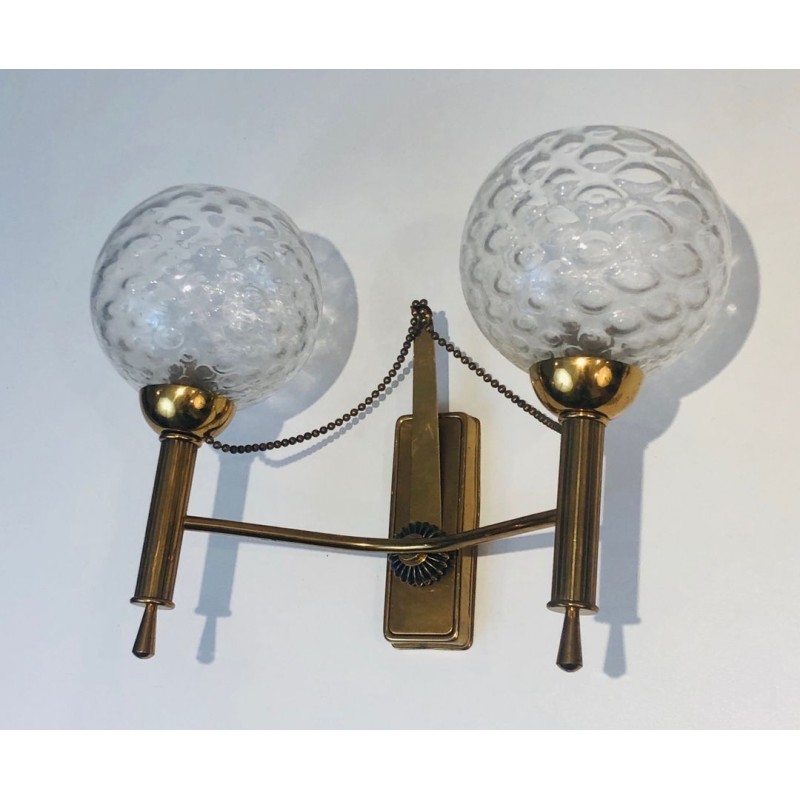 Paire d'Appliques en Laiton et Boules de Verre. Vers 1970