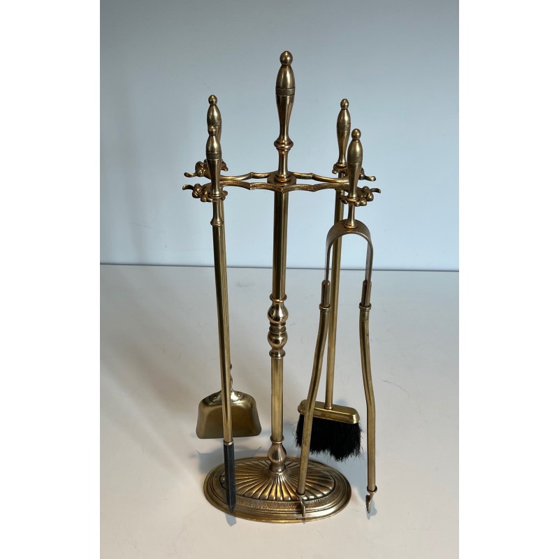 Neoclassical Brass Fireplace Set, French Work, circa 1970
