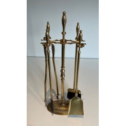 Neoclassical Brass Fireplace Set, French Work, circa 1970