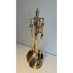 Neoclassical Brass Fireplace Tools Set, French Work, circa 1970