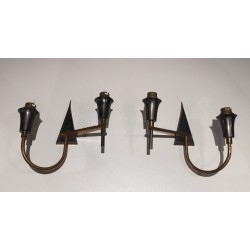 Pair of Brushed Steel and Brass Design Wall Lights, French Work, circa 1970