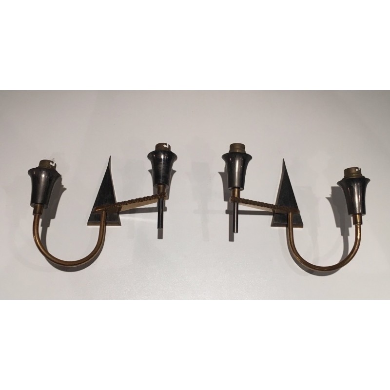 Pair of Brushed Steel and Brass Design Wall Lights, French Work, circa 1970