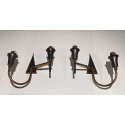 Pair of Brushed Steel and Brass Design Wall Lights, French Work, circa 1970