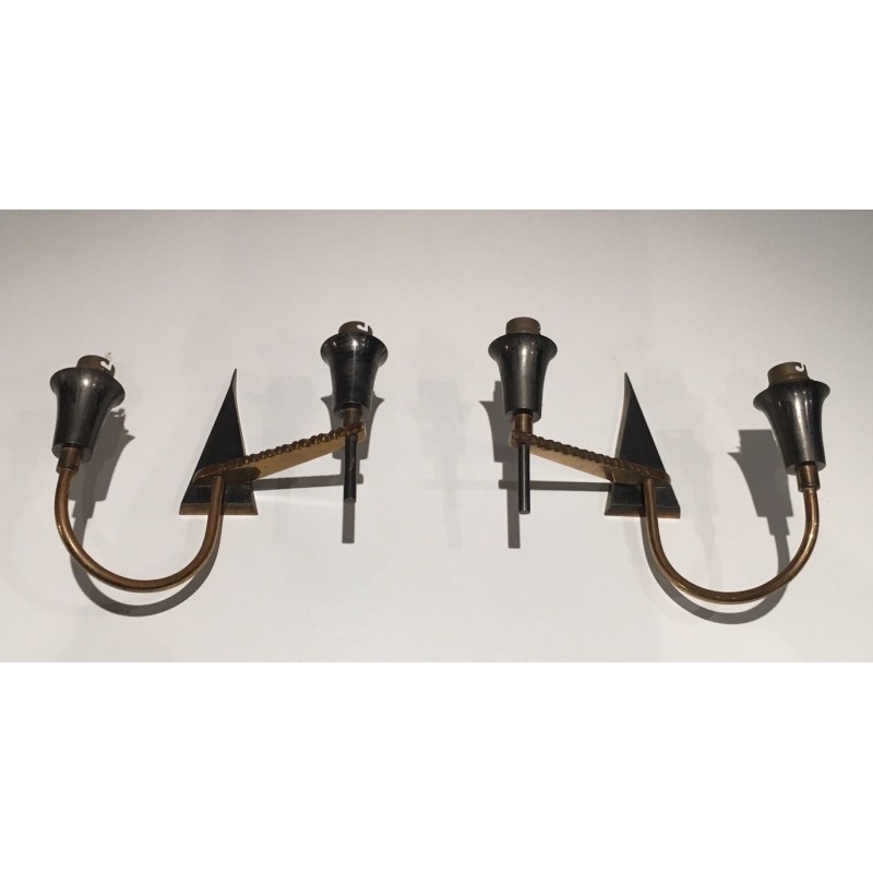 Pair of Brushed Steel and Brass Design Wall Lights, French Work, circa 1970