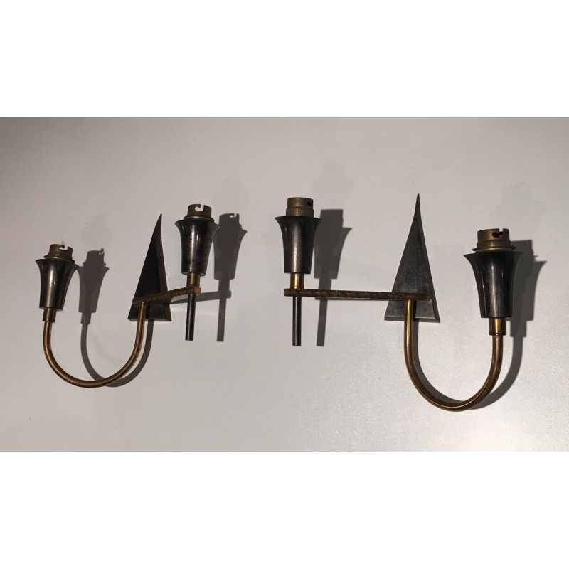 Pair of Brushed Steel and Brass Design Wall Lights, French Work, circa 1970