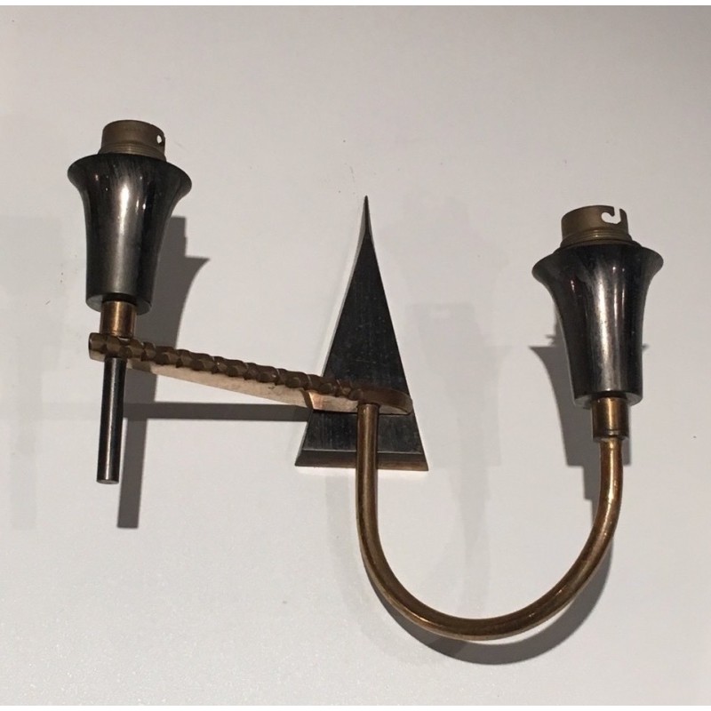 Pair of Brushed Steel and Brass Design Wall Lights, French Work, circa 1970