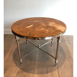 Round Silver-Plated Metal Coffee Table with Onyx Top, in the Jansen Manner, circa 1940