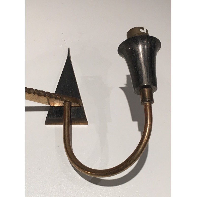 Pair of Brushed Steel and Brass Design Wall Lights, French Work, circa 1970