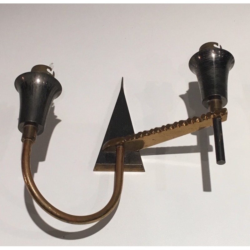 Pair of Brushed Steel and Brass Design Wall Lights, French Work, circa 1970