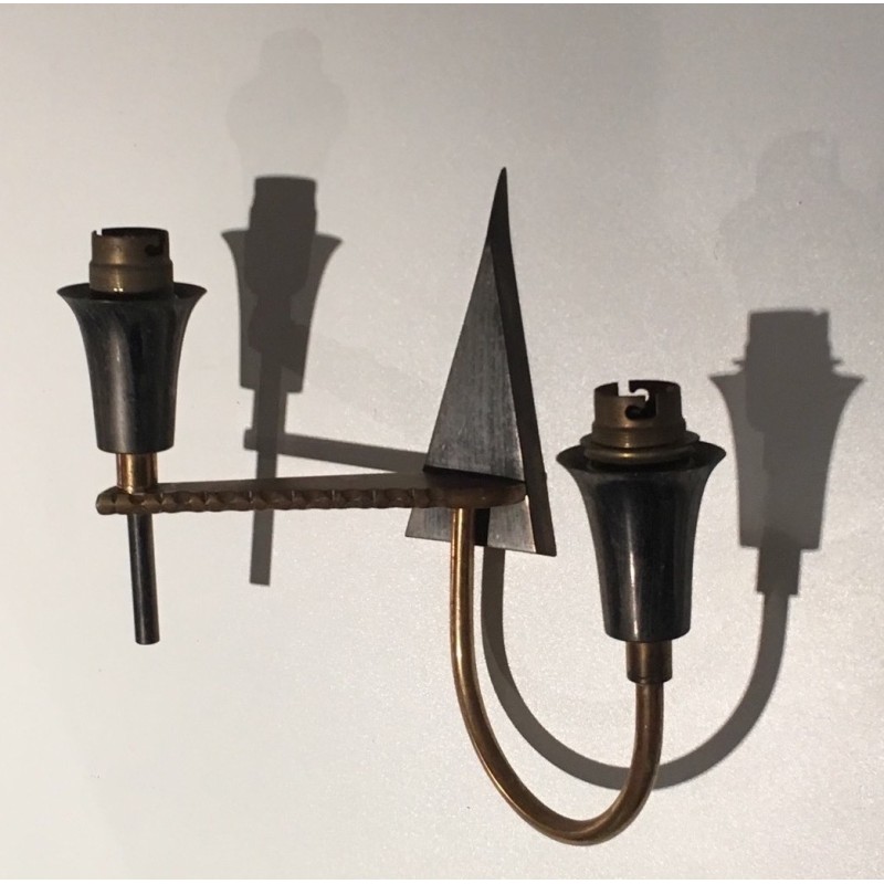 Pair of Brushed Steel and Brass Design Wall Lights, French Work, circa 1970