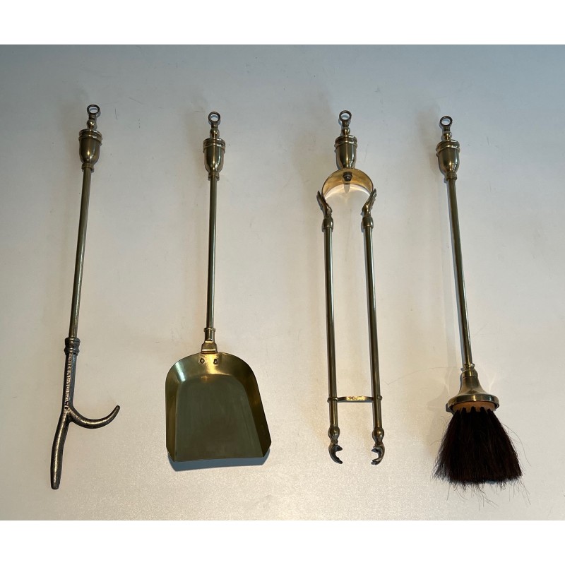 Neoclassical Brass Fireplace Tools Set, French Work, circa 1970