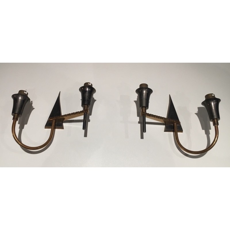Pair of Brushed Steel and Brass Design Wall Lights, French Work, circa 1970