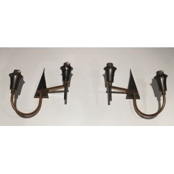 Pair of Brushed Steel and Brass Design Wall Lights, French Work, circa 1970