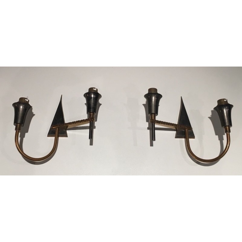 Pair of Brushed Steel and Brass Design Wall Lights, French Work, circa 1970