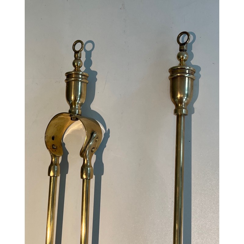 Neoclassical Brass Fireplace Tools Set, French Work, circa 1970