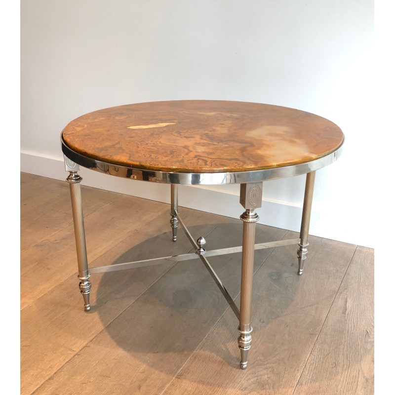 Round Silver-Plated Metal Coffee Table with Onyx Top, in the Jansen Manner, circa 1940
