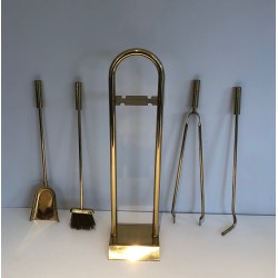 Brass Design Fireplace Tools Set, French Work, circa 1970