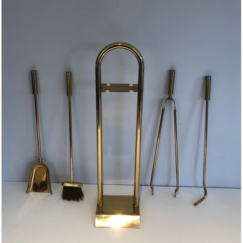Brass Design Fireplace Tools Set, French Work, circa 1970