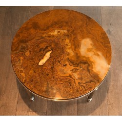 Round Silver-Plated Metal Coffee Table with Onyx Top, in the Jansen Manner, circa 1940