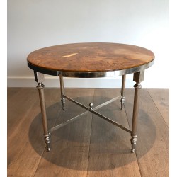 Round Silver-Plated Metal Coffee Table with Onyx Top, in the Jansen Manner, circa 1940