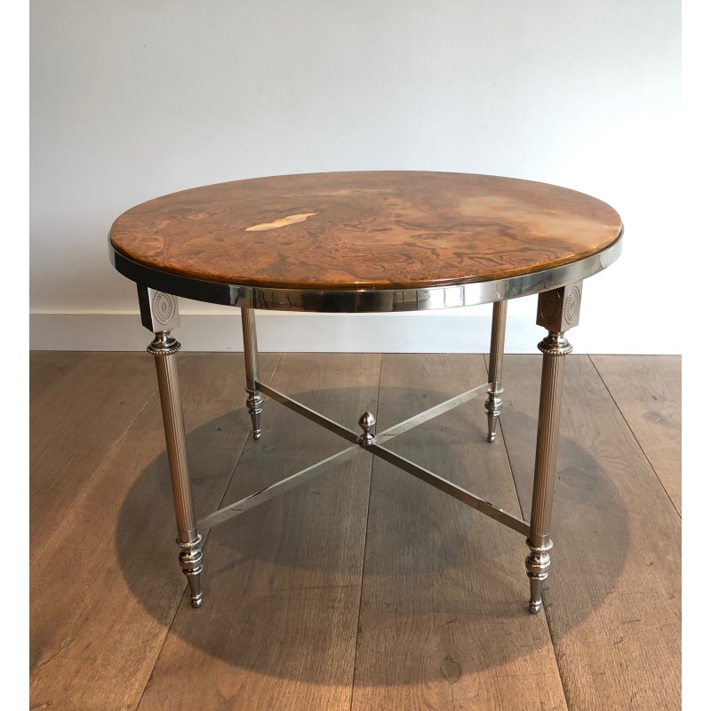Round Silver-Plated Metal Coffee Table with Onyx Top, in the Jansen Manner, circa 1940