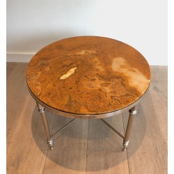 Round Silver-Plated Metal Coffee Table with Onyx Top, in the Jansen Manner, circa 1940
