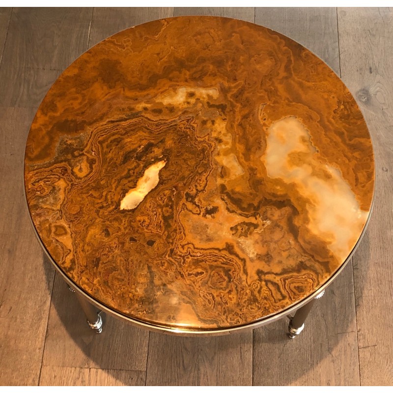 Guéridon Rond en Métal Argenté à Plateau d'Onyx, dans le Goût Jansen, vers 1940