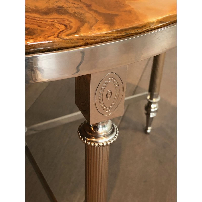 Round Silver-Plated Metal Coffee Table with Onyx Top, in the Jansen Manner, circa 1940