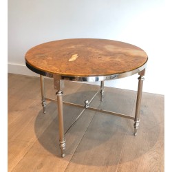 Round Silver-Plated Metal Coffee Table with Onyx Top, in the Jansen Manner, circa 1940