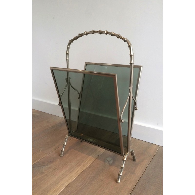Silvered Bronze Faux-Bamboo Magazine Rack with Blue Glass Panels by Maison Baguès