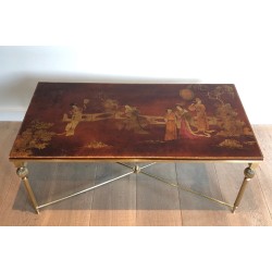 Neoclassical Brass Coffee Table with Chinoiserie Lacquered Top by Maison Jansen