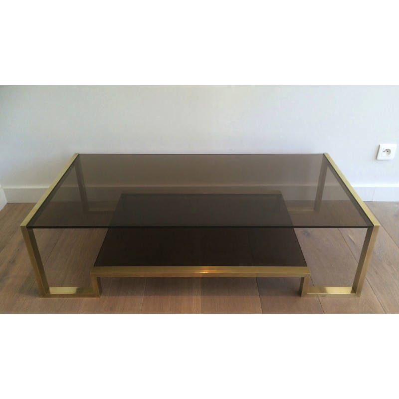 Table Basse en Laiton et Verre Fumé de Guy Lefèvre pour Maison Jansen