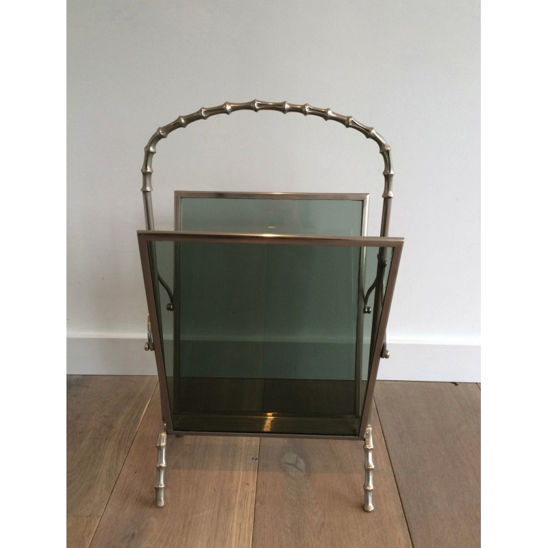 Silvered Bronze Faux-Bamboo Magazine Rack with Blue Glass Panels by Maison Baguès