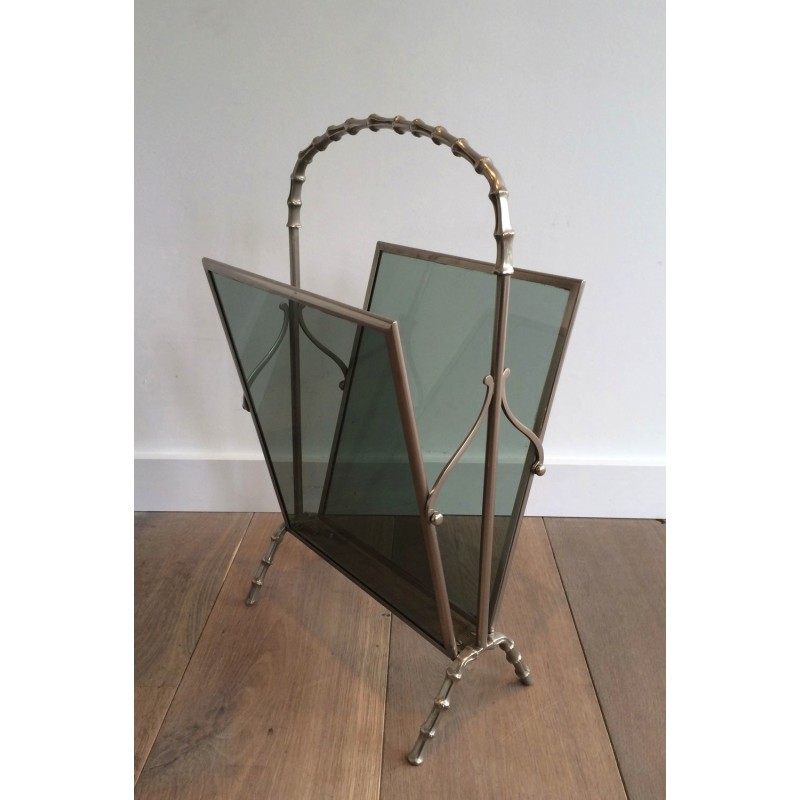 Silvered Bronze Faux-Bamboo Magazine Rack with Blue Glass Panels by Maison Baguès