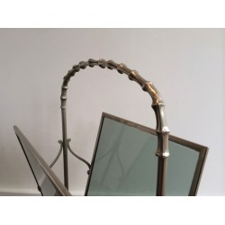 Silvered Bronze Faux-Bamboo Magazine Rack with Blue Glass Panels by Maison Baguès