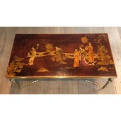 Neoclassical Brass Coffee Table with Chinoiserie Lacquered Top by Maison Jansen