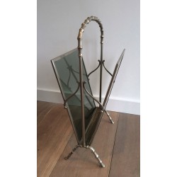 Silvered Bronze Faux-Bamboo Magazine Rack with Blue Glass Panels by Maison Baguès