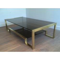Table Basse en Laiton et Verre Fumé de Guy Lefèvre pour Maison Jansen