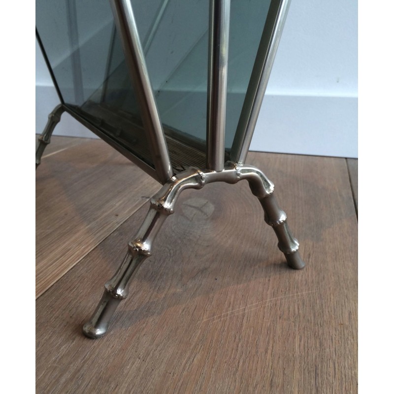Silvered Bronze Faux-Bamboo Magazine Rack with Blue Glass Panels by Maison Baguès