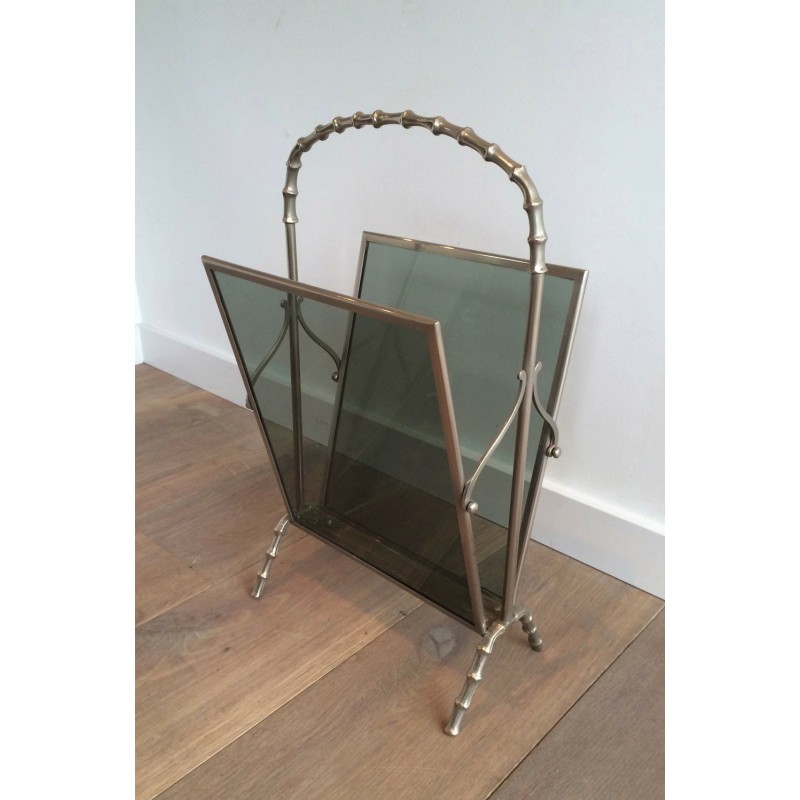 Silvered Bronze Faux-Bamboo Magazine Rack with Blue Glass Panels by Maison Baguès