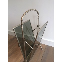 Silvered Bronze Faux-Bamboo Magazine Rack with Blue Glass Panels by Maison Baguès