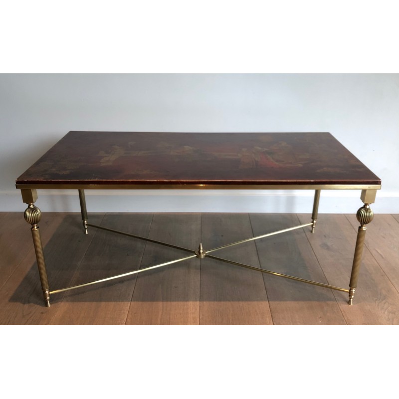 Table Basse Néoclassique en Laiton à Plateau Laqué Chinoiseries de la Maison Jansen