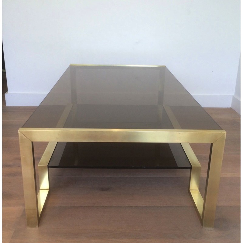 Table Basse en Laiton et Verre Fumé de Guy Lefèvre pour Maison Jansen