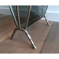 Silvered Bronze Faux-Bamboo Magazine Rack with Blue Glass Panels by Maison Baguès