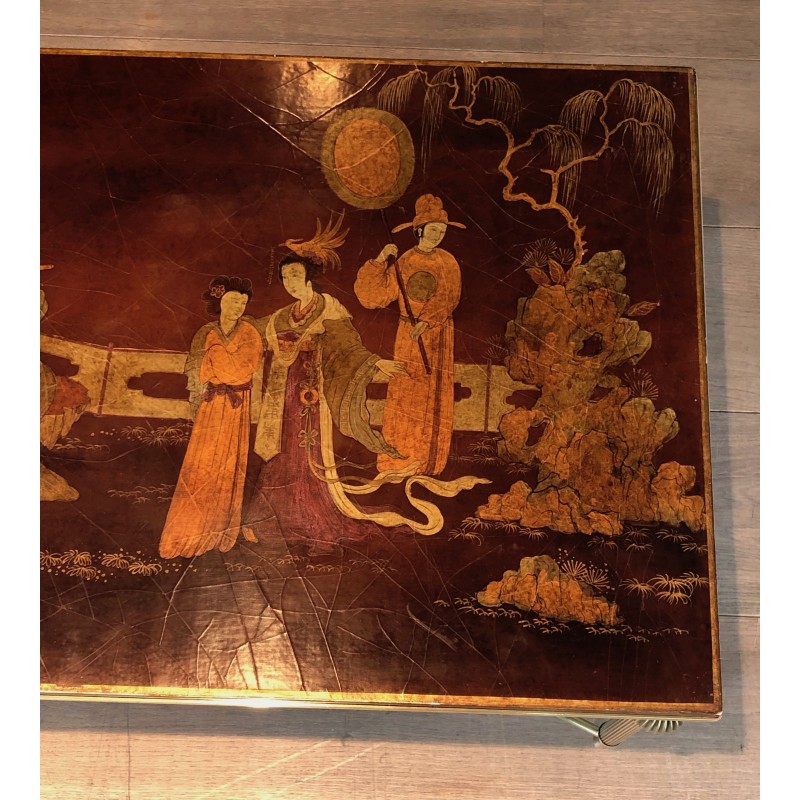 Neoclassical Brass Coffee Table with Chinoiserie Lacquered Top by Maison Jansen