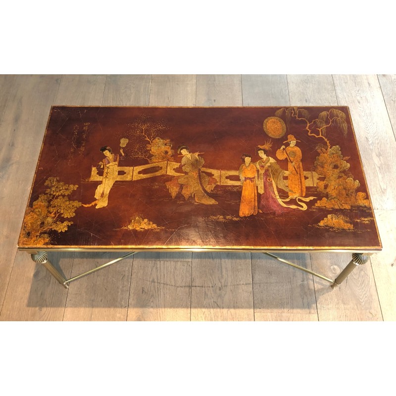 Neoclassical Brass Coffee Table with Chinoiserie Lacquered Top by Maison Jansen