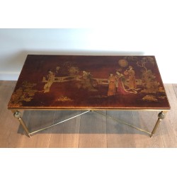 Table Basse Néoclassique en Laiton à Plateau Laqué Chinoiseries de la Maison Jansen