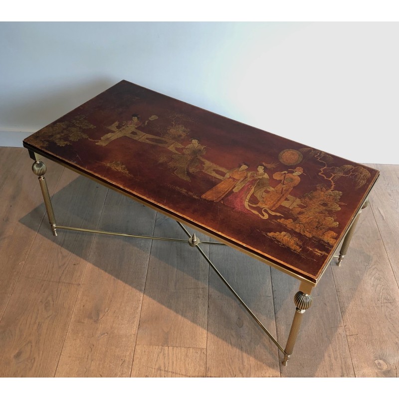 Table Basse Néoclassique en Laiton à Plateau Laqué Chinoiseries de la Maison Jansen