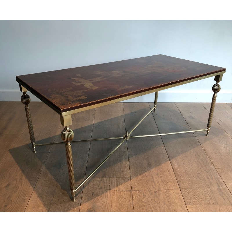 Table Basse Néoclassique en Laiton à Plateau Laqué Chinoiseries de la Maison Jansen