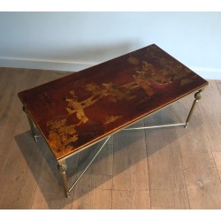 Table Basse Néoclassique en Laiton à Plateau Laqué Chinoiseries de la Maison Jansen